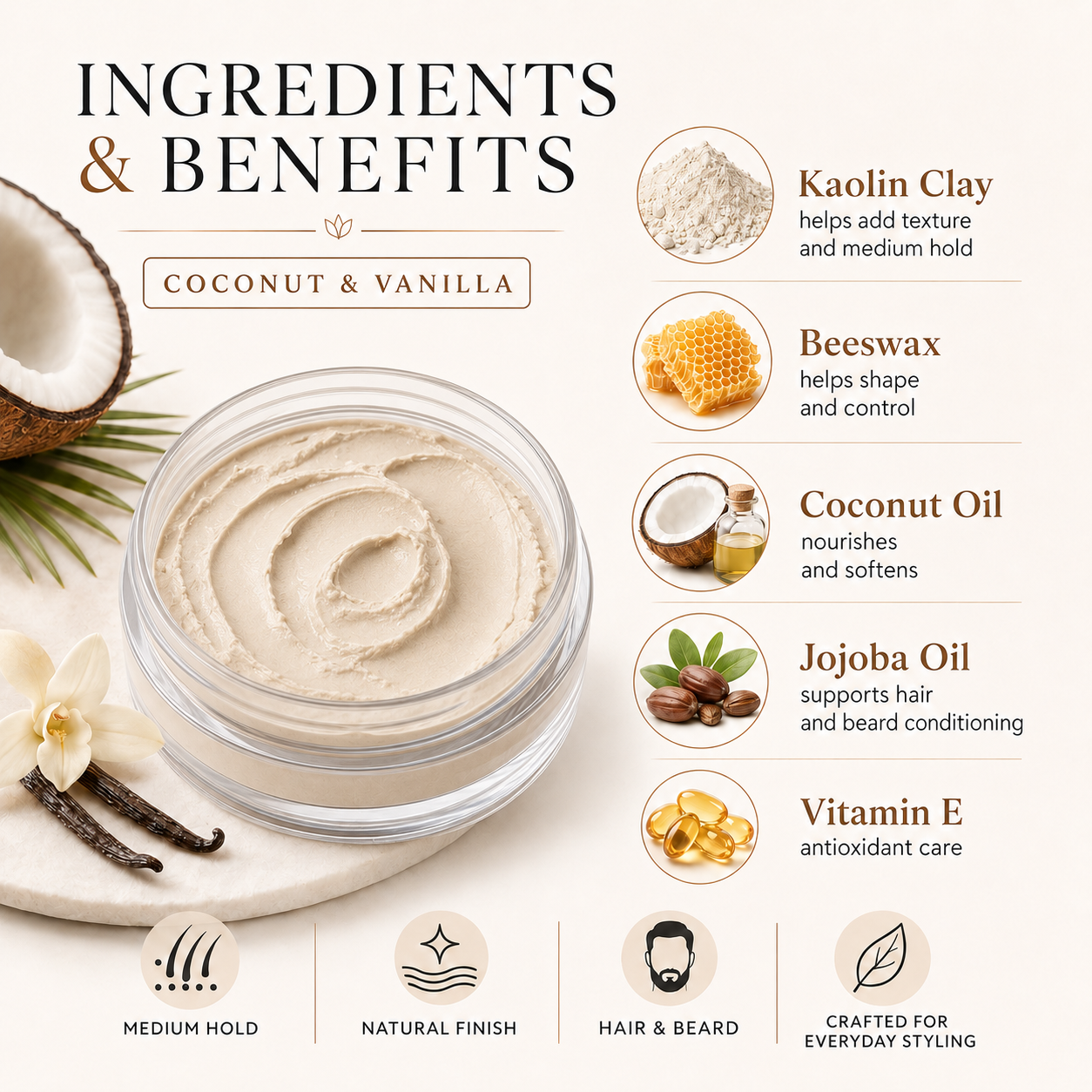 Grooming Clay – Coconut & Vanilla – Medium Hold for Hair & Beard