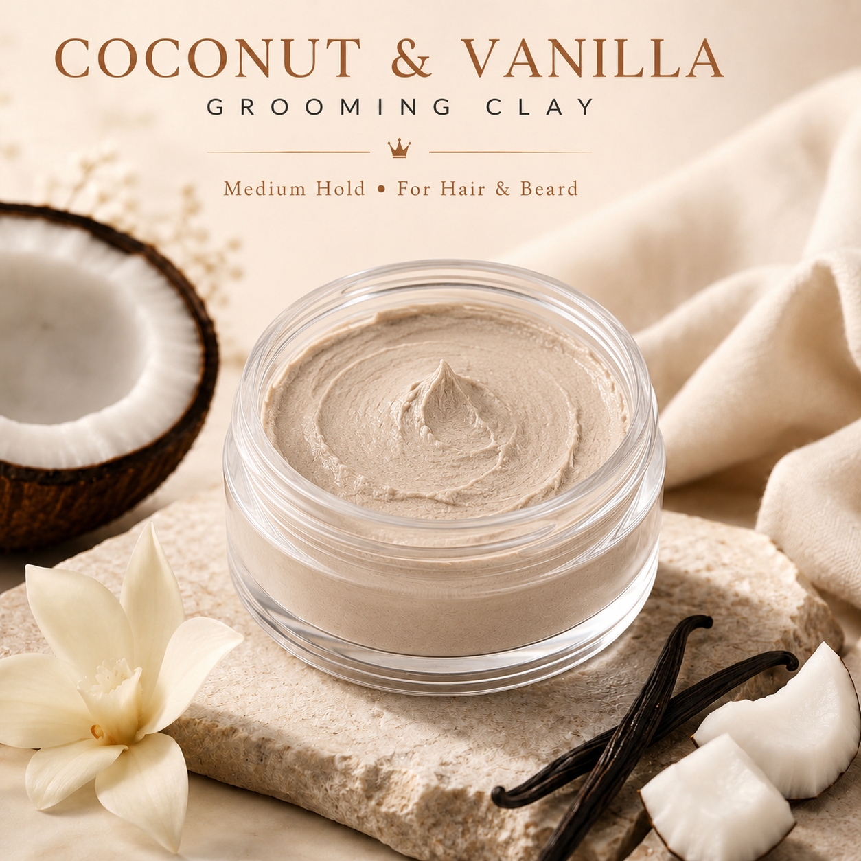 Grooming Clay – Coconut & Vanilla – Medium Hold for Hair & Beard