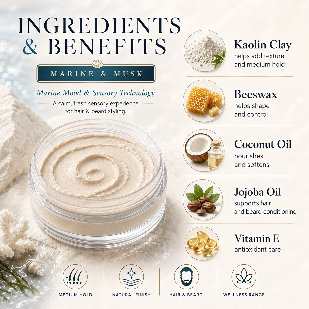 Grooming Clay – Marine & Musk – Medium Hold for Hair & Beard