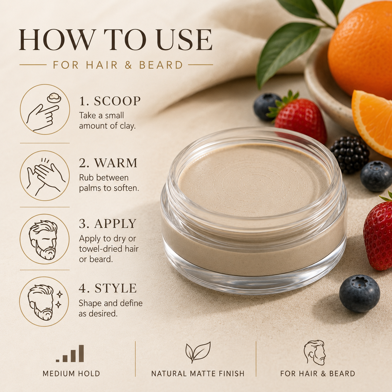 Grooming Clay – Amber & Musk – Medium Hold for Hair & Beard